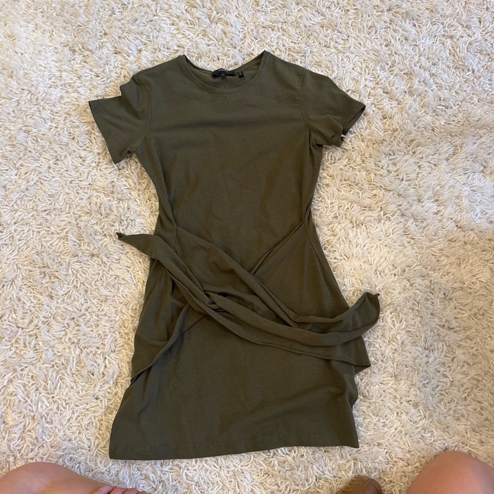 Theory Olive Short Sleeve Tie-Waist Mini Dress